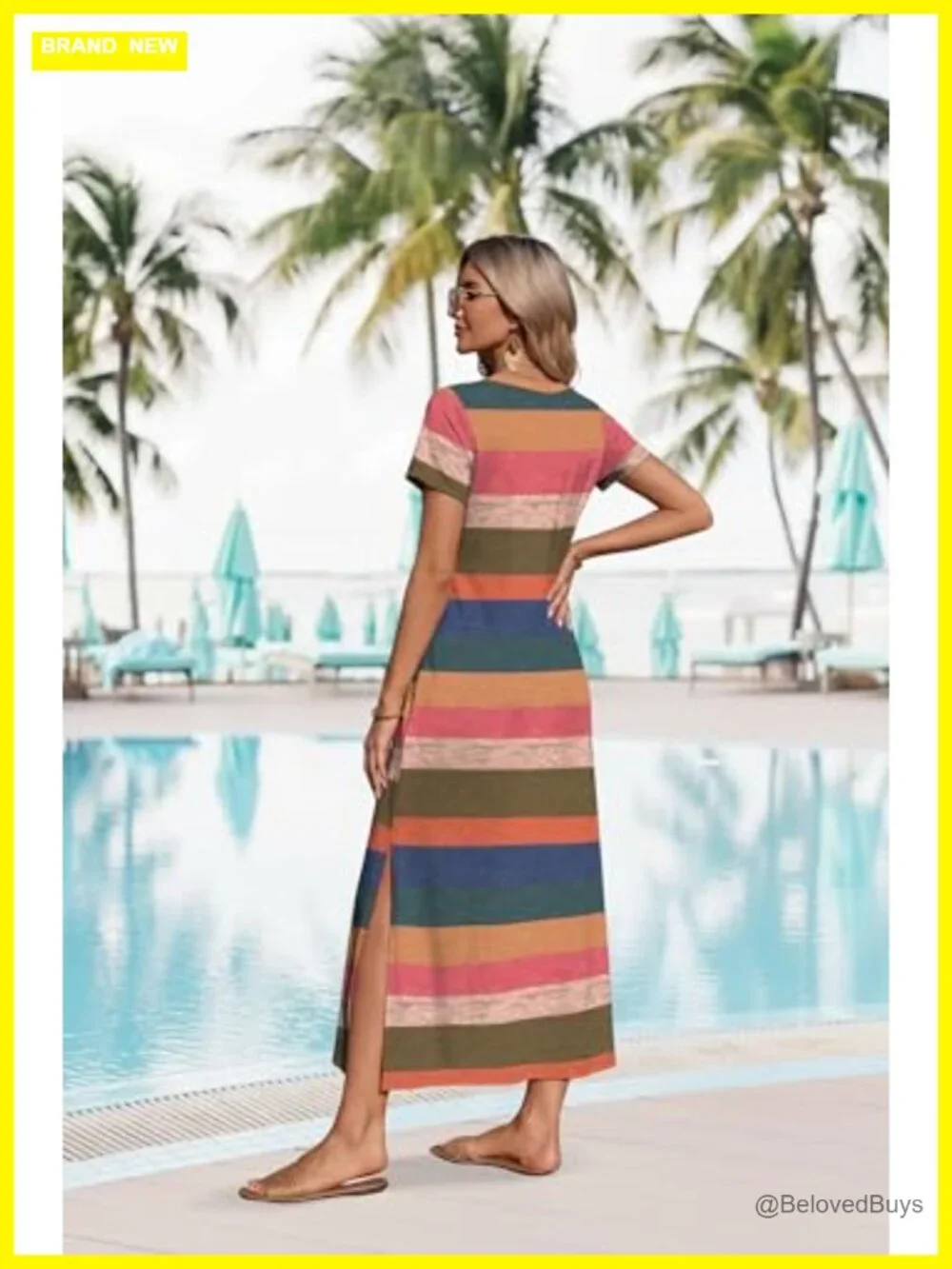Women's Maxi Dress V-Neck Short Sleeve with Pockets Summer Casual
